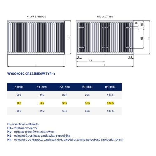 Stalowy Grzejnik Panelowy TYP-11 600x1400 BOCZNE Z MOCOWANIEM DIAMOND