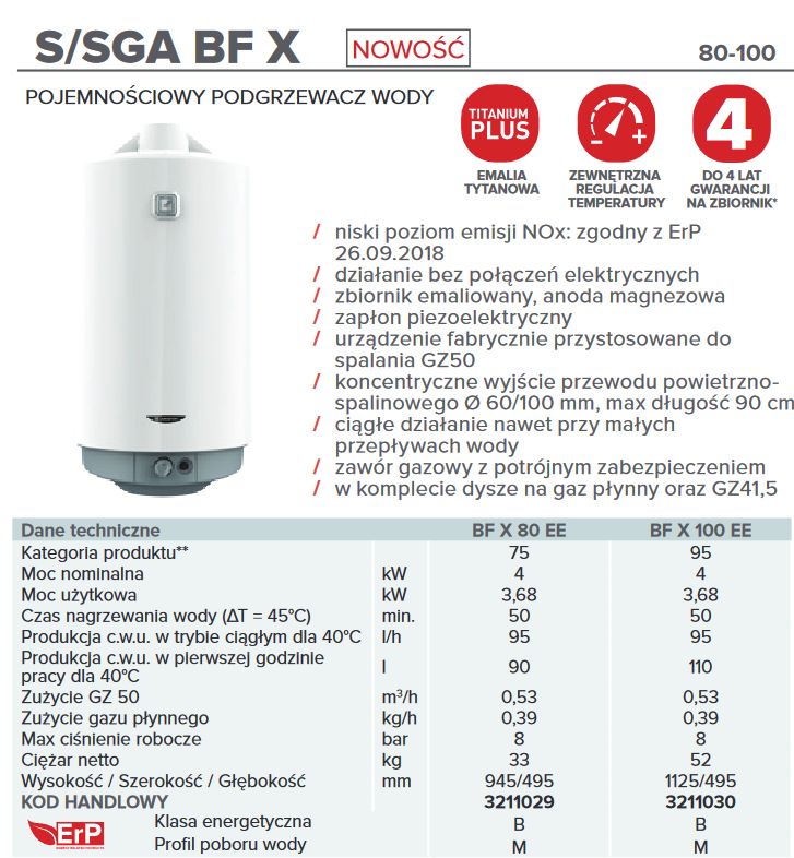 Dodatkowe zdjęcie techniczne Podgrzewacz gazowy pojemnościowy S/SGA BF X 80 EE 80 l zamknięta komora ARISTON