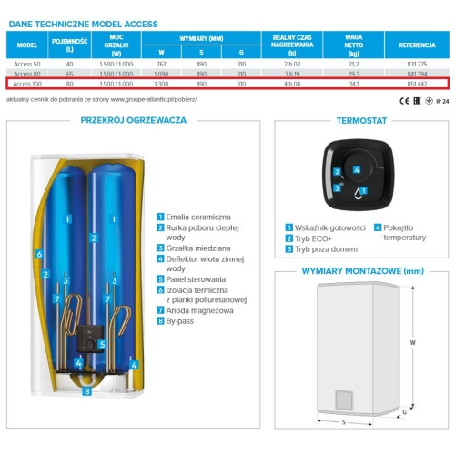 Podgrzewacz elektryczny ACCESS 100 80L model płaski, wiszący PIONOWO lub POZIOMO 853058 ATLANTIC