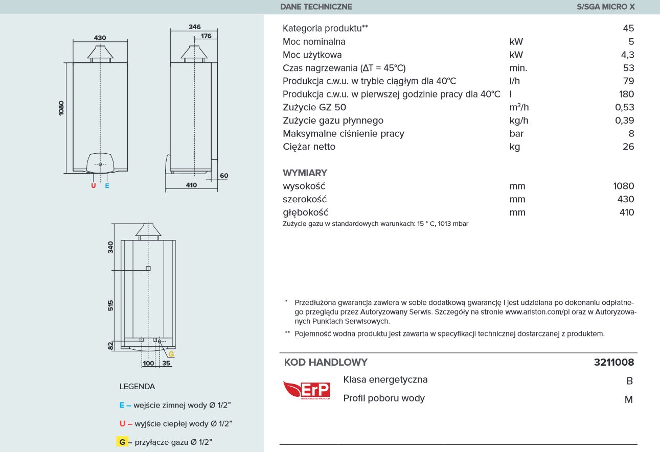 Dodatkowe zdjęcie techniczne Podgrzewacz gazowy pojemnościowy wiszący SGA Micro X EE 42 L /kwadratowy/ ARISTON