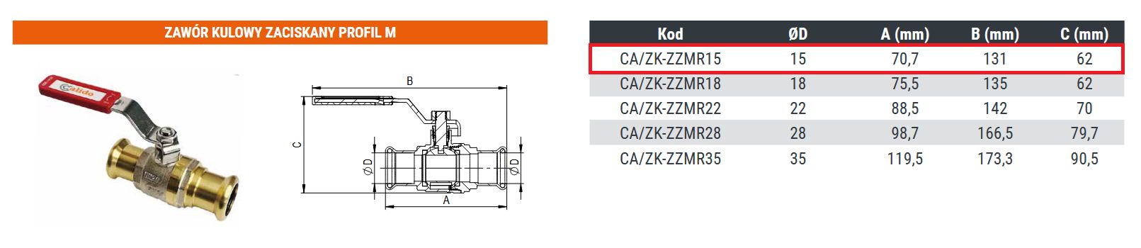 Zawór kulowy zaciskany do miedzi, zapras, zaprasowywany S30 PRO PROFIL M 22x22 ARKA