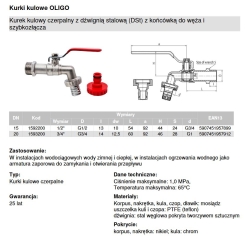 Zawór czerpalny kulowy z końcówką na wąż + końcówka na szybkozłączkę OLIGO 1/2