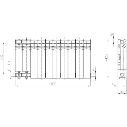 Grzejnik aluminiowy G 350 F 423 x 805 x 90 mm 873 W ( cena za 1 element grzejnika ) KFA