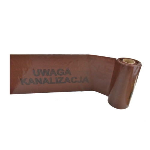 Taśma ostrzegawcza brązowa, nadruk: UWAGA KANALIZACYJNA, szerokość 20cm, BEZ WKŁADKI ( cena za 1 mb ) ( rolka 100m )
