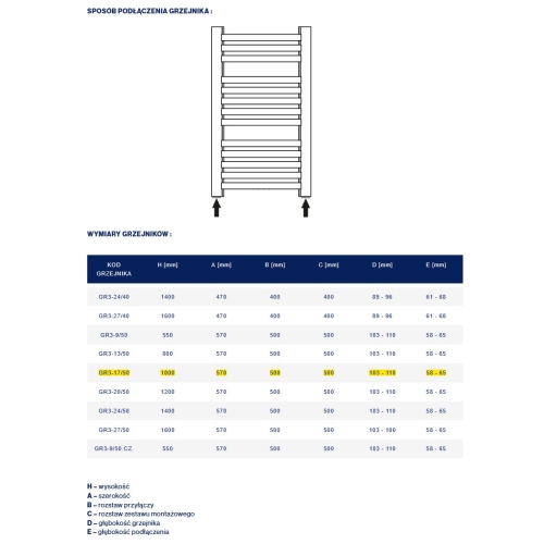 Grzejnik łazienkowy GR3, wymiary 570x1000, 17-żeberek, MOC-484W, GR3-17/50 DIAMOND
