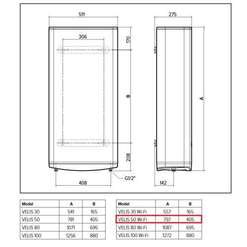 Podgrzewacz elektryczny pojemnościowy VELIS PRO WIFI 50V - 50 l 1.5 kW ARISTON