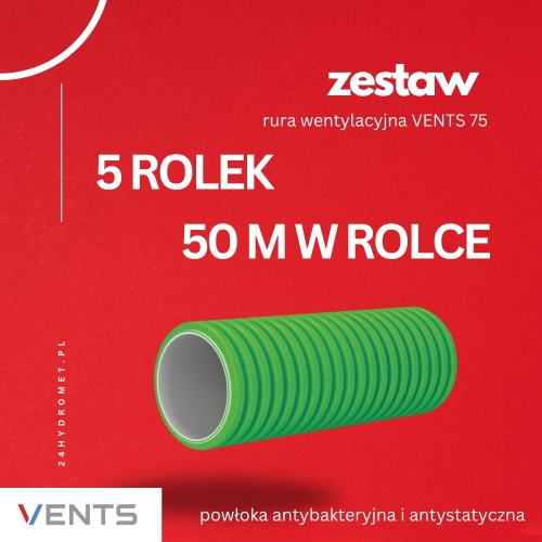 Kanał elastyczny, rura wentylacyjna o przekroju okrągłym fi 75 mm z powłoką antybakteryjną i antystatyczną, ( zwój 50 m ) zielona VENTS 5 zwojów