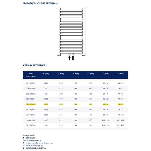 Grzejnik łazienkowy GR3V, wymiary 470x1200, 20-żeberek, MOC-485W, Z.DOLNE V Centryczne, kolor BIAŁY DIAMOND