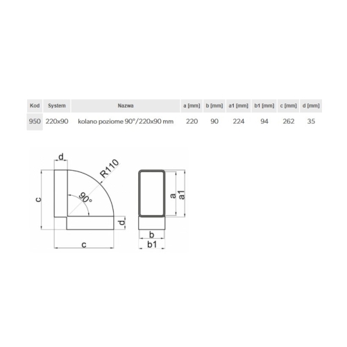 Kolano poziome 220x90 mm, 90 st., białe VENTS