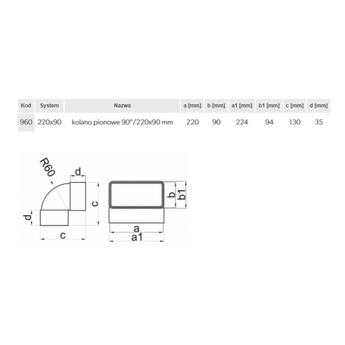 Kolano pionowe 220x90 mm, 90 st., białe VENTS