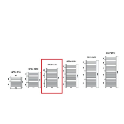 Grzejnik łazienkowy GR3V, wymiary 570x1000, 17-żeberek, MOC-484W, Z.DOLNE V Centryczne, kolor CZARNY DIAMOND