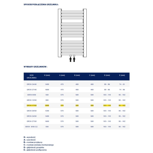 Grzejnik łazienkowy GR3V, wymiary 570x1000, 17-żeberek, MOC-484W, Z.DOLNE V Centryczne, kolor CZARNY DIAMOND