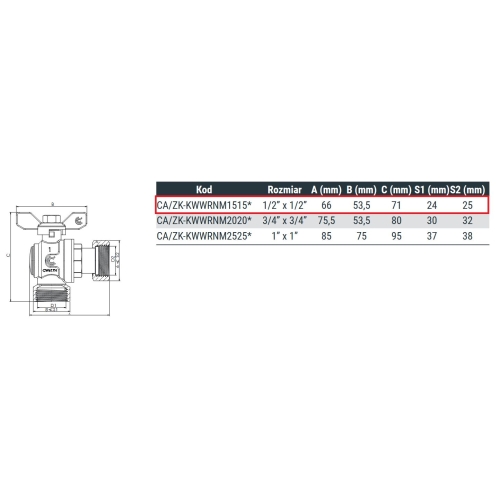 Zawór kulowy z ruchomą nakrętką W/W 1/2