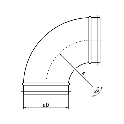 Łuk tłoczony ocynkowany, kolano DN125/90 z uszczelką LINDAB