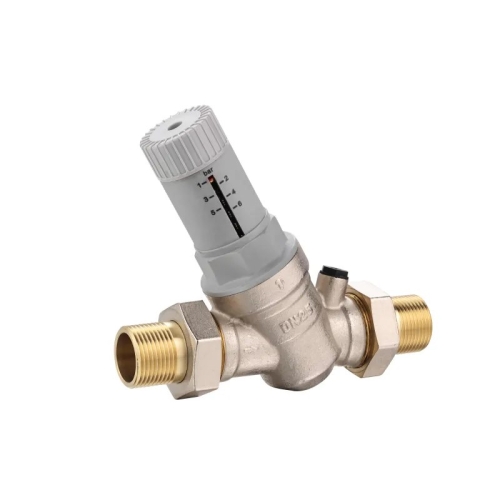 Reduktor ciśnienia wody skośny 1" ( DN25 ) z przyłączem do manometru 1/4", półśrubunkiem regulowaną nastawą ciśnienia oraz wskaźnikiem nastawy ARKA