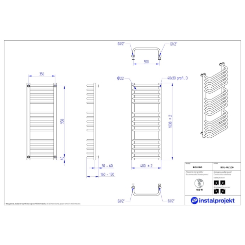 Grzejnik łazienkowy drabinkowy 400mm x 1038mm ROZSTAW 350mm BIAŁY BOL-40/100 BOLERO INSTAL PROJEKT