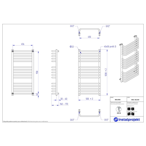 Grzejnik łazienkowy drabinkowy 500mm x 1038mm ROZSTAW 450mm BIAŁY BOL-50/100 BOLERO INSTAL PROJEKT