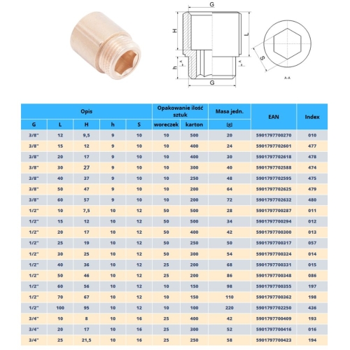Przedłużka mosiężna 3/4