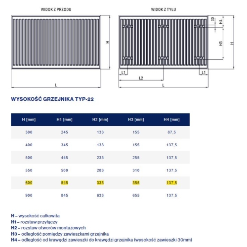Stalowy Grzejnik Panelowy TYP-22 600x0900 BOCZNE Z MOCOWANIEM DIAMOND