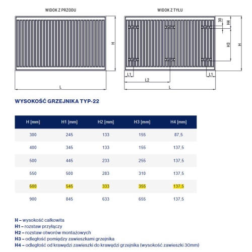 Stalowy Grzejnik Panelowy TYP-22 600x0600, Z. BOCZNE Z MOCOWANIEM DIAMOND