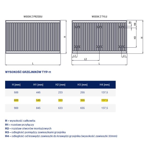 Stalowy Grzejnik Panelowy TYP-11 600x0900, Z. BOCZNE Z MOCOWANIEM DIAMOND