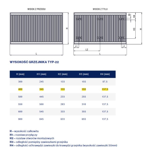 Stalowy Grzejnik Panelowy TYP-22 400x0600 z bocznym mocowaniem DIAMOND