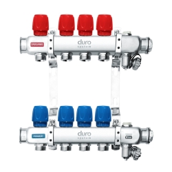 Rozdzielacz ze stali nierdzewnej INOX z zaworami regulacyjnymi do ogrzewania grzejnikowego 1" 4 obwodów DURO SYSTEM ARKA