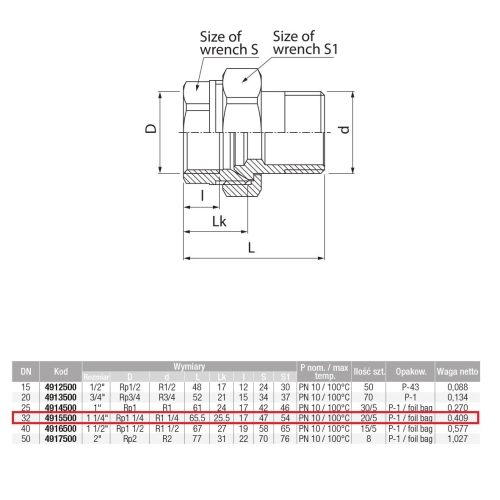 TWIST Śrubunek mosiężny (wersja krótka) L 65,5 mm 5/4