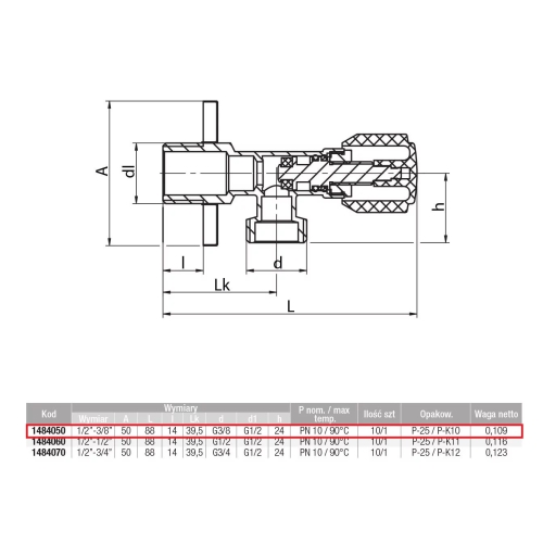 Zawór kątowy grzybkowy BASE 1/2x3/8 ( DN15 x DN10 ) VALVEX