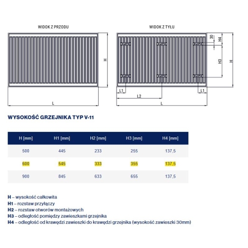 Stalowy Grzejnik Panelowy TYP-11 600x1000, Z. DOLNE PRAWE(V) DIAMOND