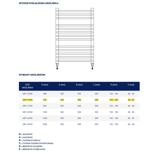 Grzejnik łazienkowy GR1, wymiary 550x720, 13-żeberek,MOC-333W. TYP.G-14/50 DIAMOND