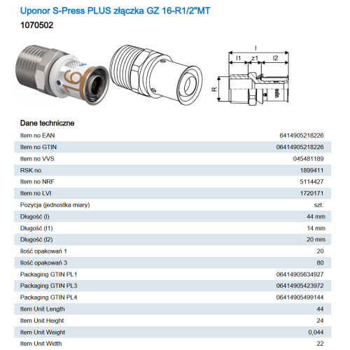 Uponor S-Press PLUS złączka z gwintem zewn. 16-R1/2