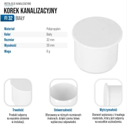 Korek kanalizacyjny PVC 32 BIAŁY
