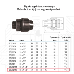 Złączka redukcyjna skręcana PE 32x1 1/2 gwint zewnętrzny MPJ