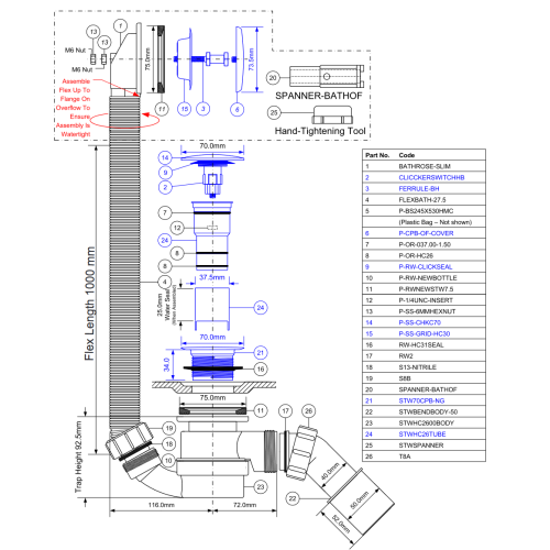 MCALPINE Syfon wanna/brodzik click-clack mosiądz CZARNY MAT