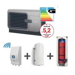 Hybrydowy system grzewczy: pompa ciepła 1F R290 Airmax3 7GT (2-9 kW) + moduł hydrauliczny Gbox + wymiennik c.w.u. do pomp ciepła Tower Grand 200 z kom