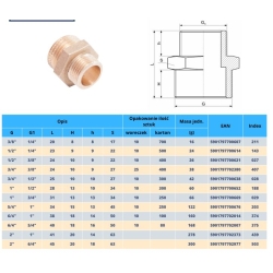 Nypel mosiężny redukcyjny 1/2 x 3/8 ( DN15 x DN10 )