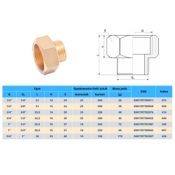 Redukcja mosiężna 1/2x3/8 ( DN15 x DN10 ) GW/GZ