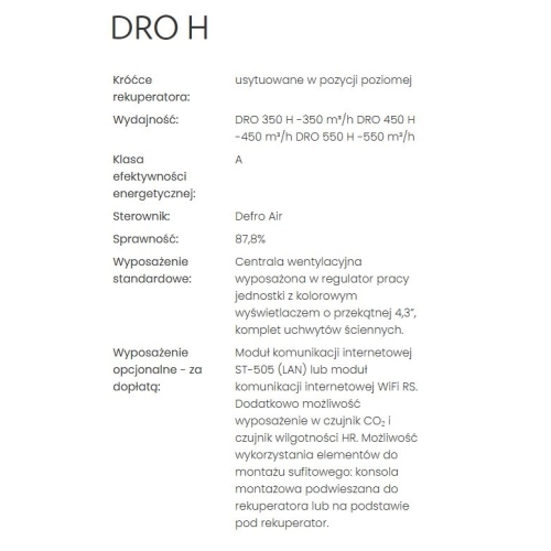 Centrala wentylacyjna DRO 550 H o wydajności 550m3/h z wymiennikiem obrotowym