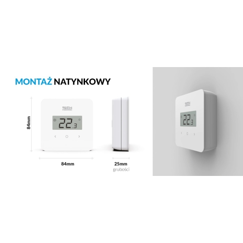 TECH Przewodowy regulator pokojowy dwustanowy - duże cyfry  (panel przedni ze szkła) biały T-2.1