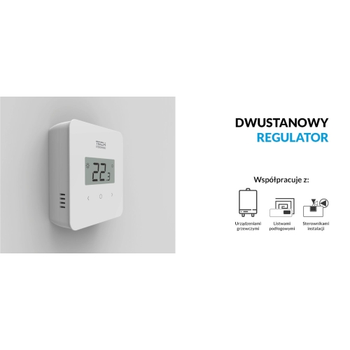 TECH Przewodowy regulator pokojowy dwustanowy - duże cyfry  (panel przedni ze szkła) biały T-2.1