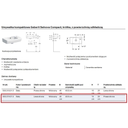 Umywalka kompaktowa Geberit Selnova Compact, krótka, z powierzchnią odkładczą, 45cm, otwór z LEWEJ STRONY