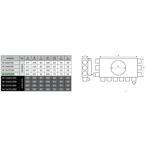 Rozdzielacz płaski kątowy jednorzędowy SK-12x75/200-OC bez uszczelek PRODMAX