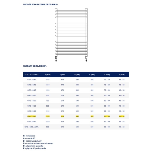 Grzejnik łazienkowy GR2, wymiary 570x1350, 23-żeberka, MOC-662W. TYP.GŁP-24/50 DIAMOND