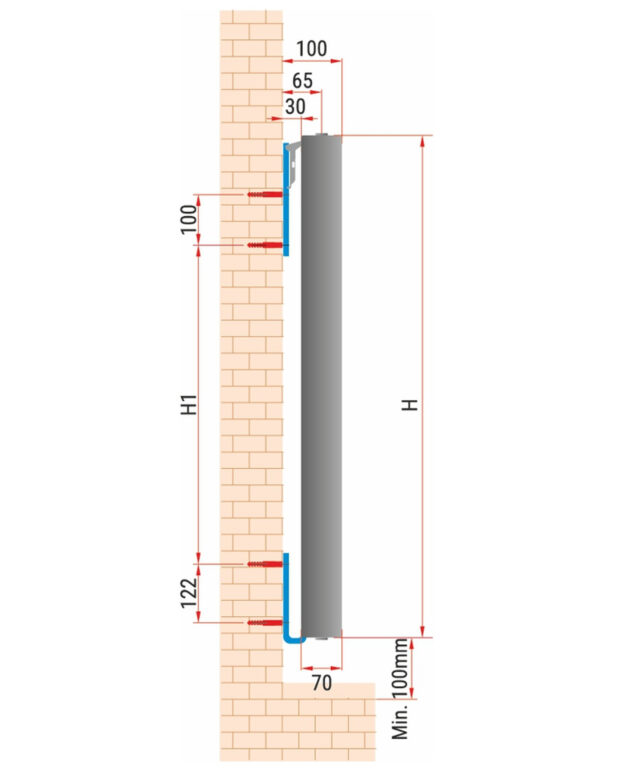 Dodatkowe zdjęcie techniczne Stalowy Grzejnik Panelowy Design Pionowy TYP-20 1600X600, Z. DOLNE CENTRYCZNE (V) DIAMOND