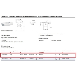 Umywalka kompaktowa Geberit Selnova Compact, krótka, z powierzchnią odkładczą, 45cm, otwór z PRAWEJ STRONY