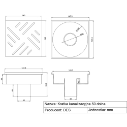 Kratka ściekowa CHROM DN50 15x15 prosta, odpływ dolny,bez regulacji