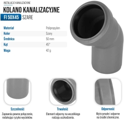 Kolano kanalizacyjne PP 50/45 SZARE