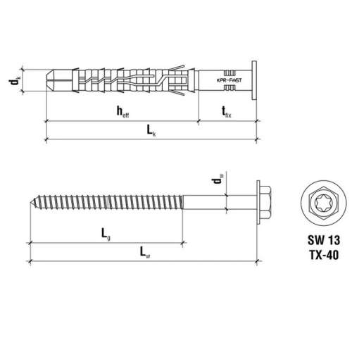Kołki ramowe rozporowe z wkrętem z łbem sześciokątnym 12x120 (6 szt.)  i gniazdem TX WKRĘT-MET