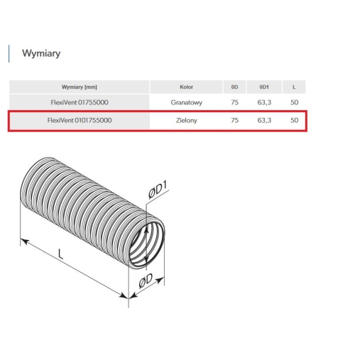 Kanał elastyczny, rura wentylacyjna o przekroju okrągłym fi 75 mm z powłoką antybakteryjną i antystatyczną, ( zwój 50 m ) ( cena za 50 mb ) (zielony)